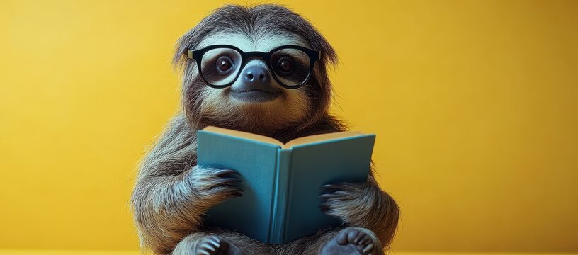 Happy sloth wearing glasses and reading a book against a cozy backdrop