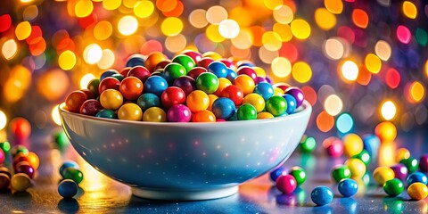 A vibrant bowl filled with colorful candies, scattered on a glistening surface, illuminated by a background of shimmering lights.