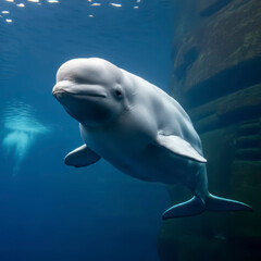 Naklejka premium The beluga whale or white whale, is a fascinating creature of the Arctic and sub-Arctic seas. They are known for their snowy white color and their wide range of vocalization, earning
