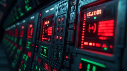 A close-up of a futuristic control panel with glowing red and green lights.