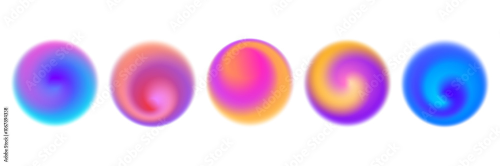 Poster bright colorful swirl gradient set. round blur vortex background collection. iridescent radial blurr