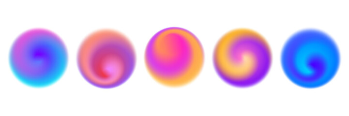 Bright colorful swirl gradient set. Round blur vortex background collection. Iridescent radial blurry shape pack for poster, banner, leaflet, brochure. Vector neon fading circular aura element bundle