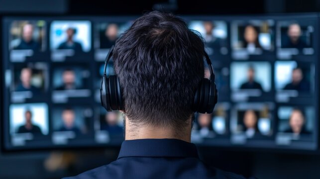 A man wearing headphones sits in front of a large screen with multiple video feeds of people in a virtual meeting.