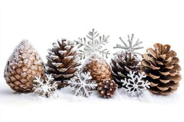 Snow-covered pinecones and snowflakes create a winter wonderland on a bright white background capturing the essence of the season