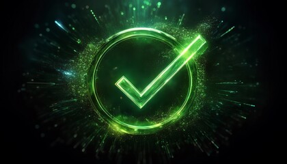 A glowing green check mark surrounded by sparkles on a dark background, symbolizing success or confirmation.