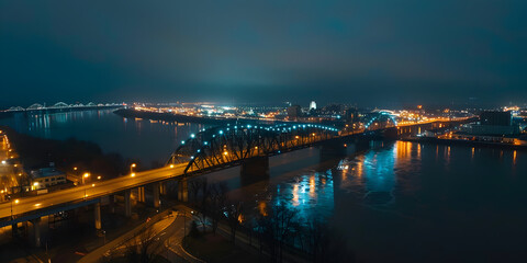 Fototapeta premium Bridge Over Water Illuminated with Lights at Night Creating a Stunning Reflection