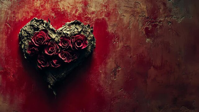A heart-shaped sculpture adorned with red roses sits against a textured burgundy background