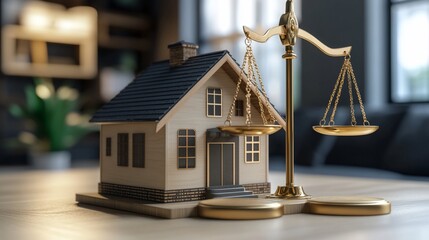 A wooden model house sits on one side of a golden scale of justice, representing the concept of legal issues related to real estate.