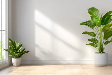 A white room with a large window and two potted plants