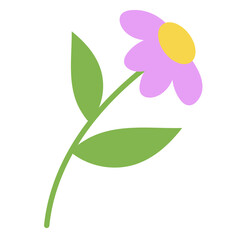 Illustration of purple flower and green leaves for plants, tree, floral print, nature, garden, cute patches, brooch, sticker, logo, icon, blossom, blooming, picnic, backyard, park, spring, summer