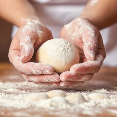 Hands holding a ball of dough with flour on the surface.