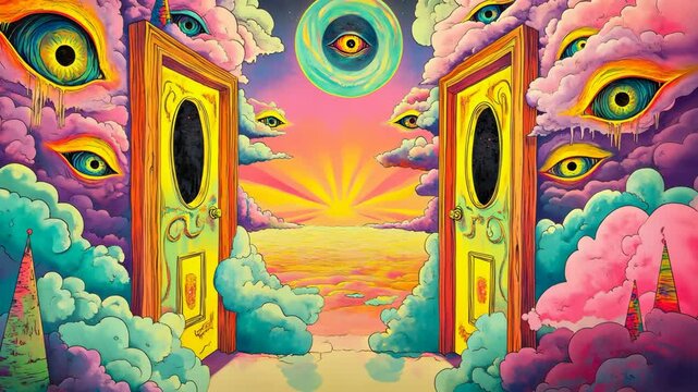Surreal Dreamscape with Eyes and Doors