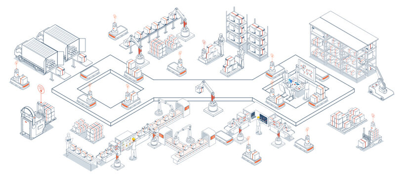 Smart warehouse solutions featuring automated systems and autonomous robots for efficient storage and logistics operations concept. Vector illustration eps10