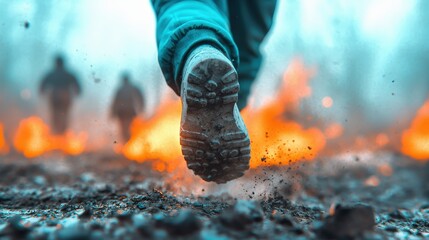 Running Through Fire  Close Up of a Foot  Adventure and Danger Concept