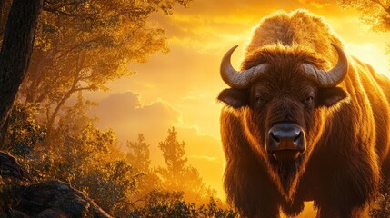 Majestic Bison in a Golden Sunset Landscape