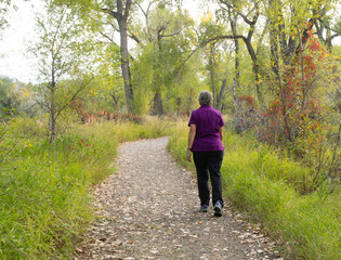 Active Senior Woman Walking in a Deciduous Forest Photographed from Behind