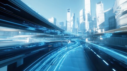Fototapeta premium Futuristic city with glowing blue lines and skyscrapers in the background.