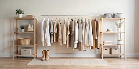 Minimalist wardrobe with neatly arranged clothing in neutral tones for quiet luxury and understated elegance