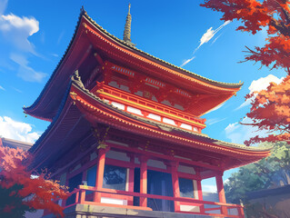 Naklejka premium red Japanese pagoda surrounded by autumn trees under clear blue sky