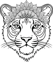 Leopard face with mandala pattern on head , thick lines, low details white background 2.eps