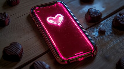 Glowing phone with heart design surrounded by chocolate hearts