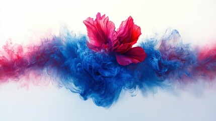 Fototapeta premium Vibrant flower amidst swirling blue and pink smoke abstract background