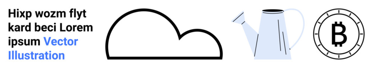 Black cloud outline, blue watering can, and black Bitcoin coin symbol alongside placeholder text. Ideal for weather, gardening, cryptocurrency, placeholder design, simplicity, vector art, modern web