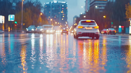 rainy urban street at night, showcasing reflections on wet pavement and illuminated vehicles. scene captures mood of bustling city under rain, with vibrant lights and sense of movement