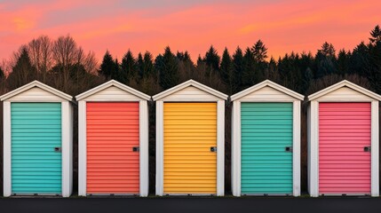 Naklejka premium Colorful Garage Doors Against Dramatic Sunset Sky