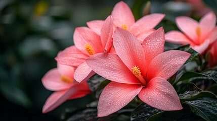 Fototapeta premium Vibrant pink flowers glistening with dew in a lush green setting.