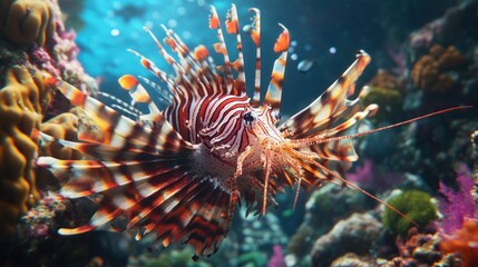 Striking Lionfish in Coral Reef