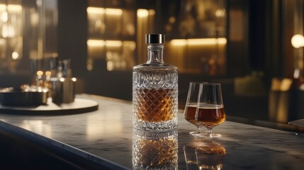 Elegant whiskey decanter with glass on a bar counter in soft lighting