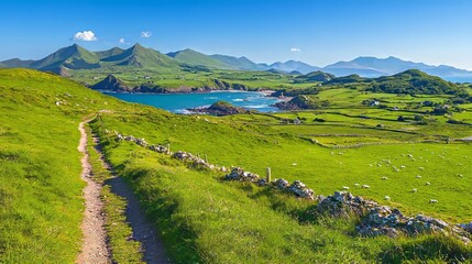 Obraz premium Scenic coastal landscape with a winding path and lush green hills.