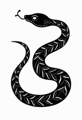 Naklejka premium Modern Folklore Snake Illustration: Minimalist Black and White Design with Leaf Patterns, Scandinavian-Style Vector Art for Branding, Packaging