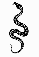 Fototapeta premium Nordic Folk Art Snake: Minimalist Black Silhouette with White Geometric Motifs, Vector Design for Contemporary Decor, Tattoo Art