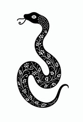 Naklejka premium Curvy Serpentine Folk Art: Geometric Tribal Motifs on Black Snake Silhouette, Scandinavian-Inspired Vector Design for Wallpaper, Textile, Stationery
