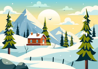 Charming Winter Village Vector Illustration featuring Cozy Houses in a Scenic Snowy Mountain Landscape, with a Serene Nature Setting in a Background