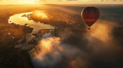 Obraz premium Hot Air Balloon Over Victoria Falls at Sunrise