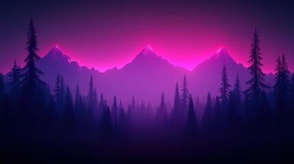 Pink Sunset Over Silhouetted Mountain Range   Pine Forest
