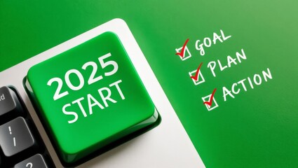 A green keyboard key labeled "2025 START" with checkmarks next to "GOAL," "PLAN," and "ACTION," symbolizing a fresh beginning or strategy for the year ahead.