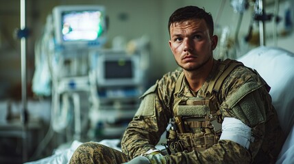 Fototapeta premium Soldier sitting on hospital bed, bandaged and determined, focused on recovery and resilience, amidst medical equipment.