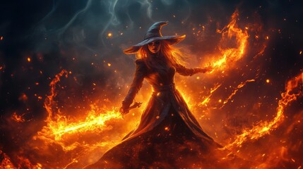 A witch is conducting magic with magic in battle. Fire, smoke.