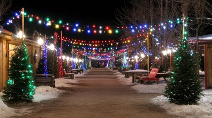 Festive winter night scene with colorful lights and decorations
