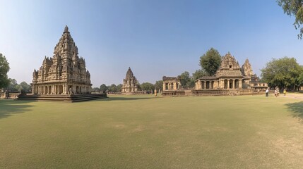 Fototapeta premium A panoramic view of the iconic Khajuraho Temples, highlighting their erotic sculptures and detailed stone carvings against a clear blue sky
