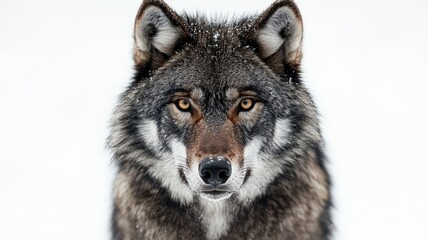 Obraz premium a close up of a black wolf looking a camera on isolated white background