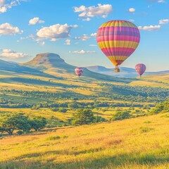Obraz premium Colorful hot air balloons float over a scenic landscape at sunrise.