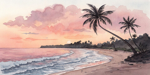 Obraz premium Watercolor beach scene with gentle waves and pink sky