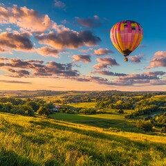 Fototapeta premium A vibrant hot air balloon floats over a scenic landscape at sunset.