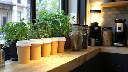 Fototapeta premium Cozy cafe interior with plants and coffee supplies on the counter