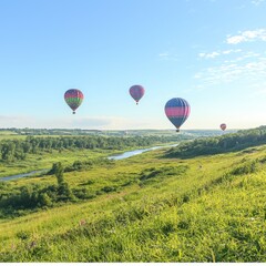Fototapeta premium Colorful hot air balloons floating over a lush green landscape with a river.